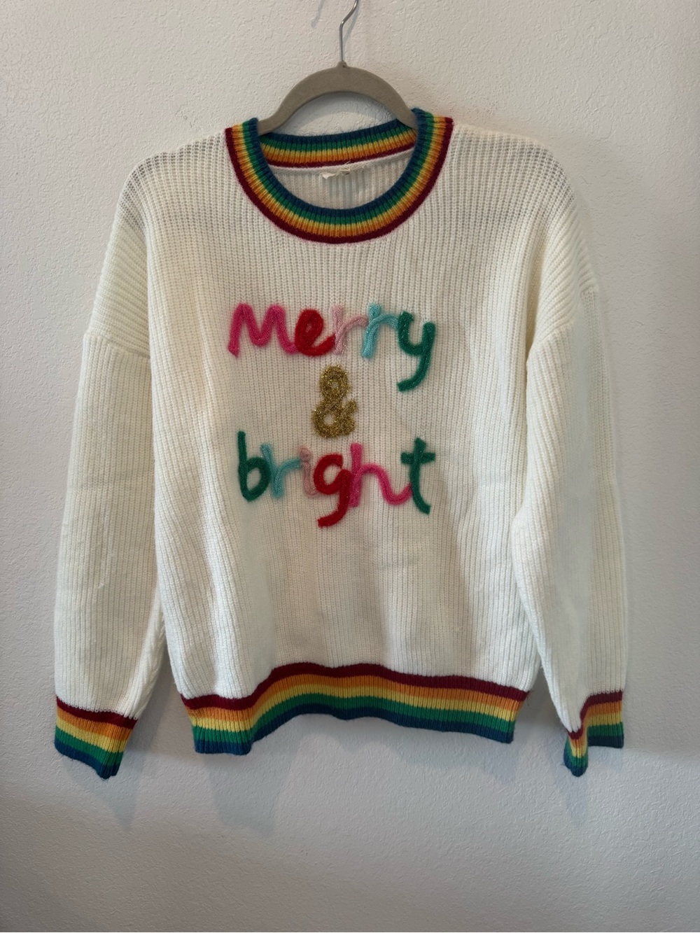 Main Strip White 'Merry & Bright' Rainbow-Trim Crewneck Sweater
